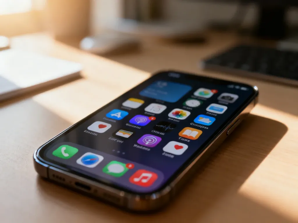 Ekran iPhone’a z uporządkowanymi folderami aplikacji na tle biurka w świetle poranka.