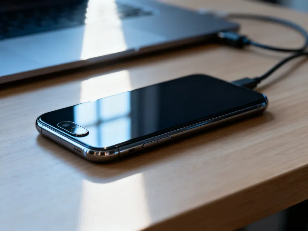 Nowoczesny smartfon leżący na drewnianym biurku obok kabla do ładowania, podkreślający techniczny charakter urządzenia.