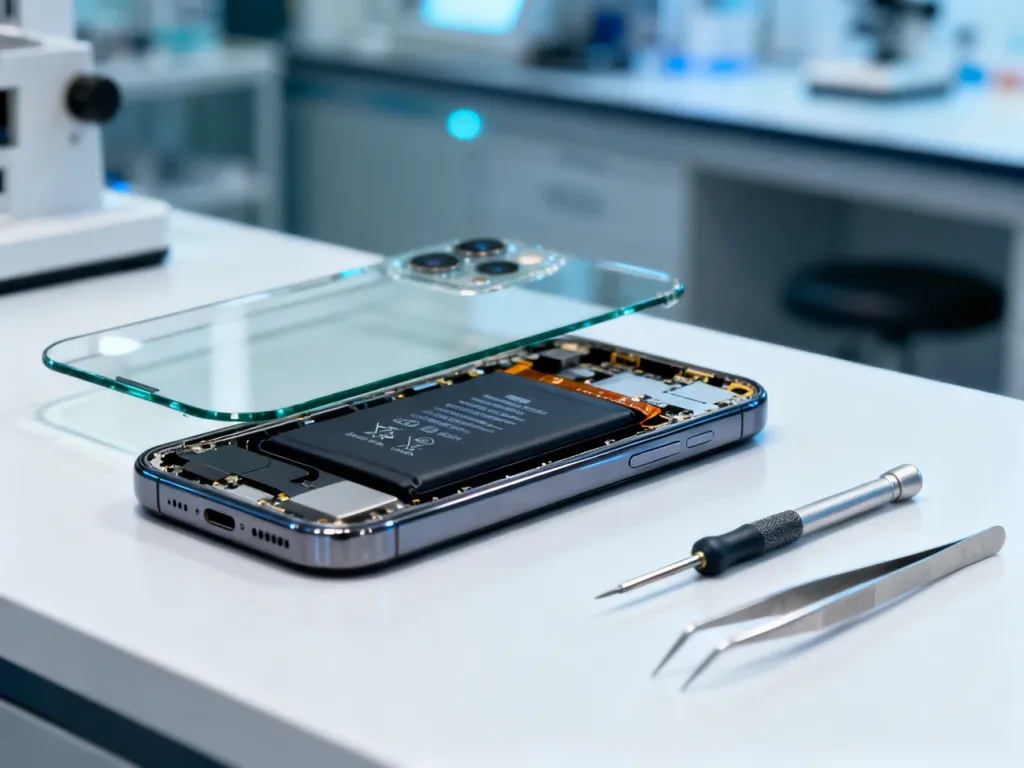 Wnętrze iPhone'a z odsłoniętą baterią oraz profesjonalne narzędzia serwisowe przygotowane do wymiany akumulatora.