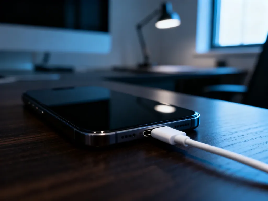 Smartfon podłączony do ładowarki z wygaszonym ekranem, leżący na drewnianym biurku.