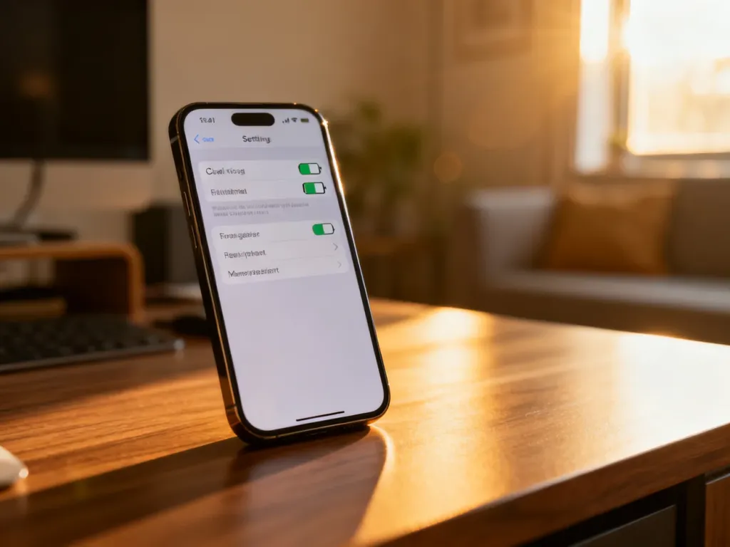 iPhone leżący na drewnianym biurku z widocznym menu ustawień baterii na ekranie, w ciepłym, porannym świetle.