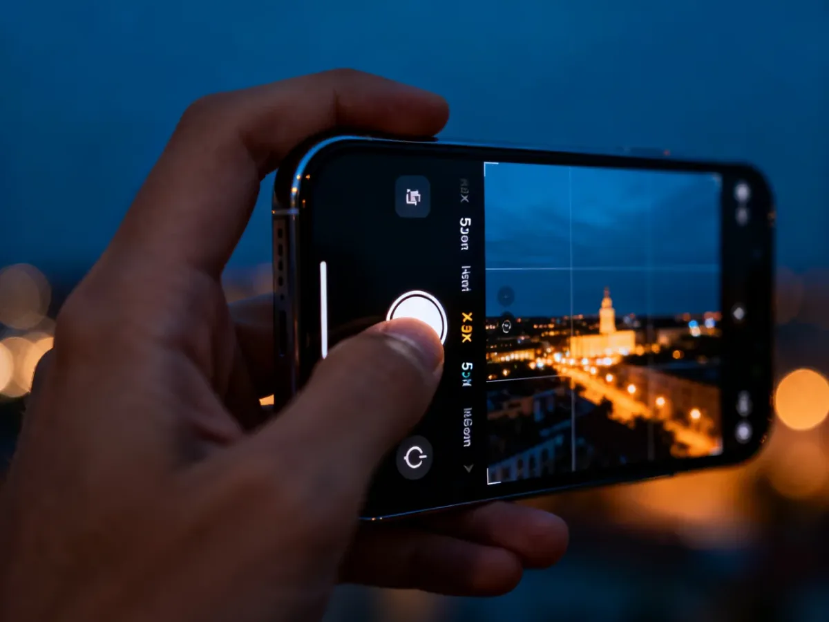 Dłoń korzystająca z przycisku Camera Control podczas fotografowania nocnego ujęcia z zoomem 5×