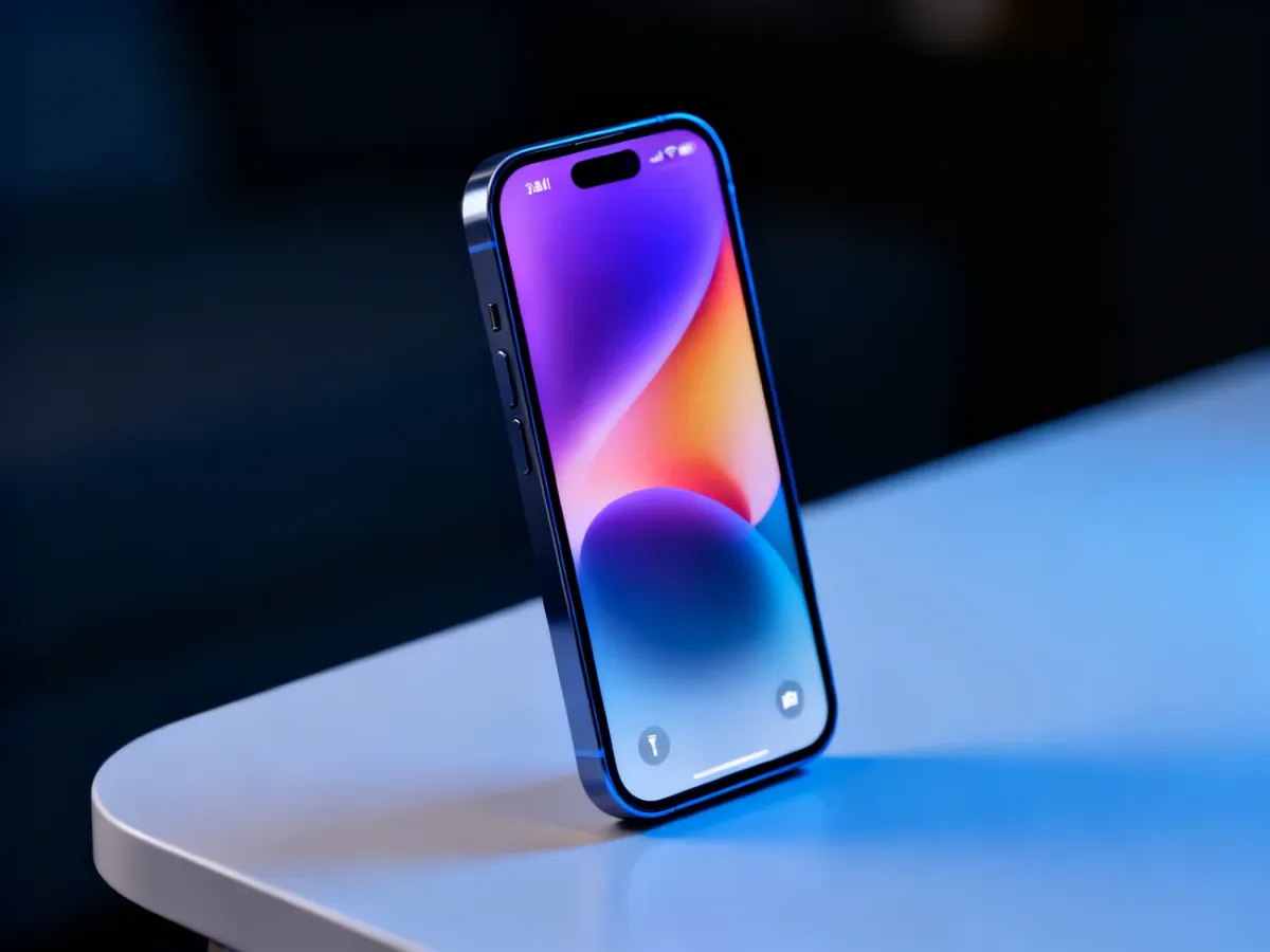 Apple iPhone 14 ustawiony pionowo w eleganckiej, minimalistycznej scenerii