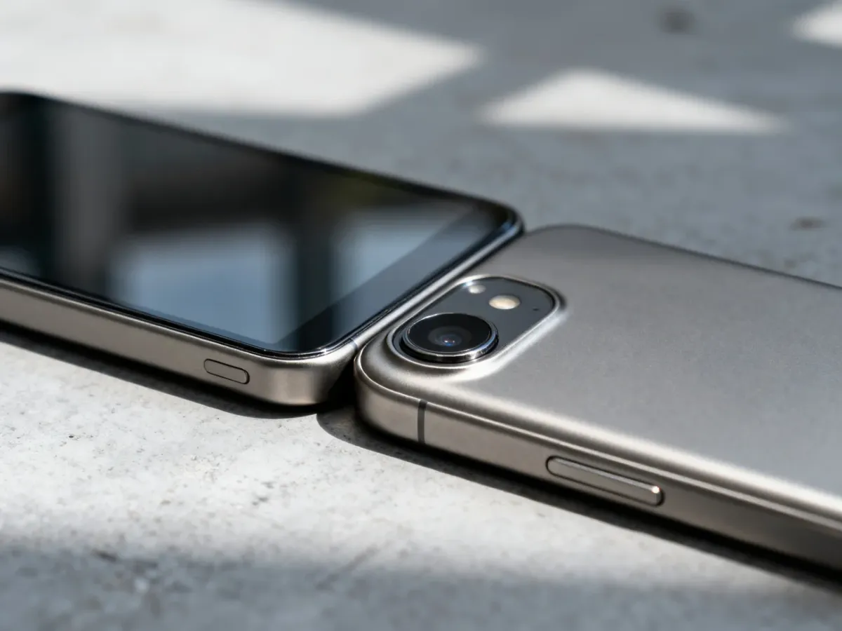 Zbliżenie na matową tytanową ramkę iPhone’a 16 Pro