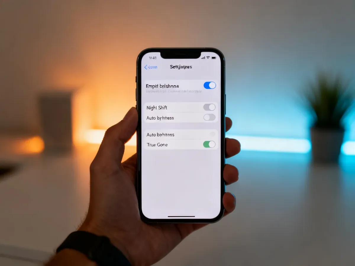Smartphone display settings represented by contrasting warm and cool screen lighting