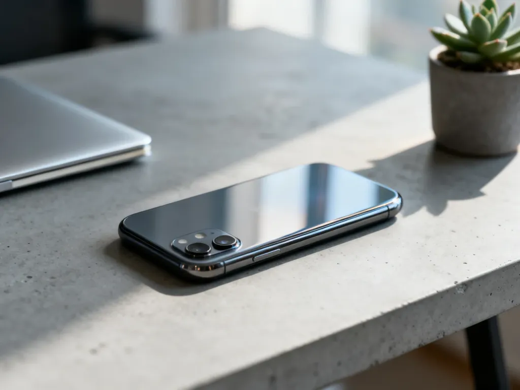 Elegancki iPhone 12 leżący na minimalistycznym biurku w świetle poranka. Profesjonalne ujęcie prezentujące design smartfona.