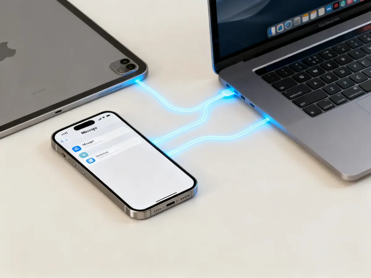 iPhone synchronizujący wiadomości z iPadem i komputerem Mac przez chmurę