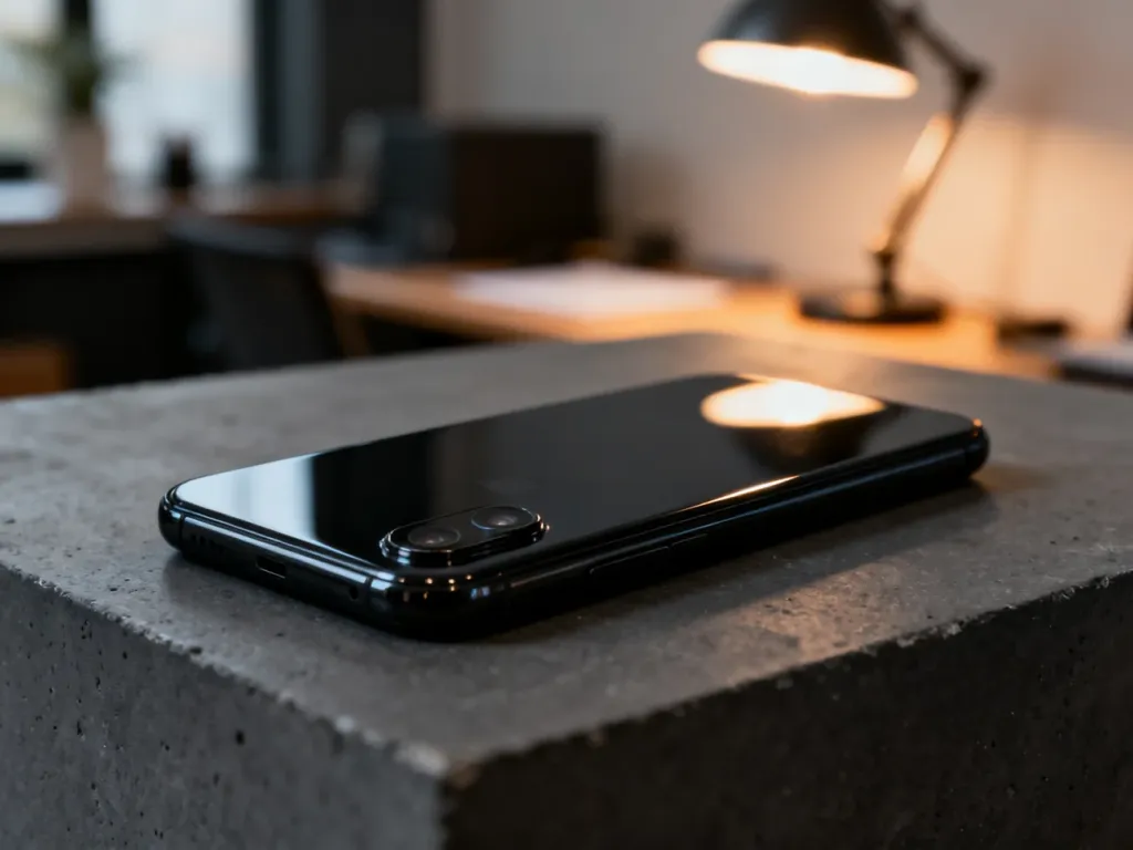 Czarny iPhone 12 leżący na betonowym blacie w nowoczesnym biurze, podkreślający elegancki design smartfona.
