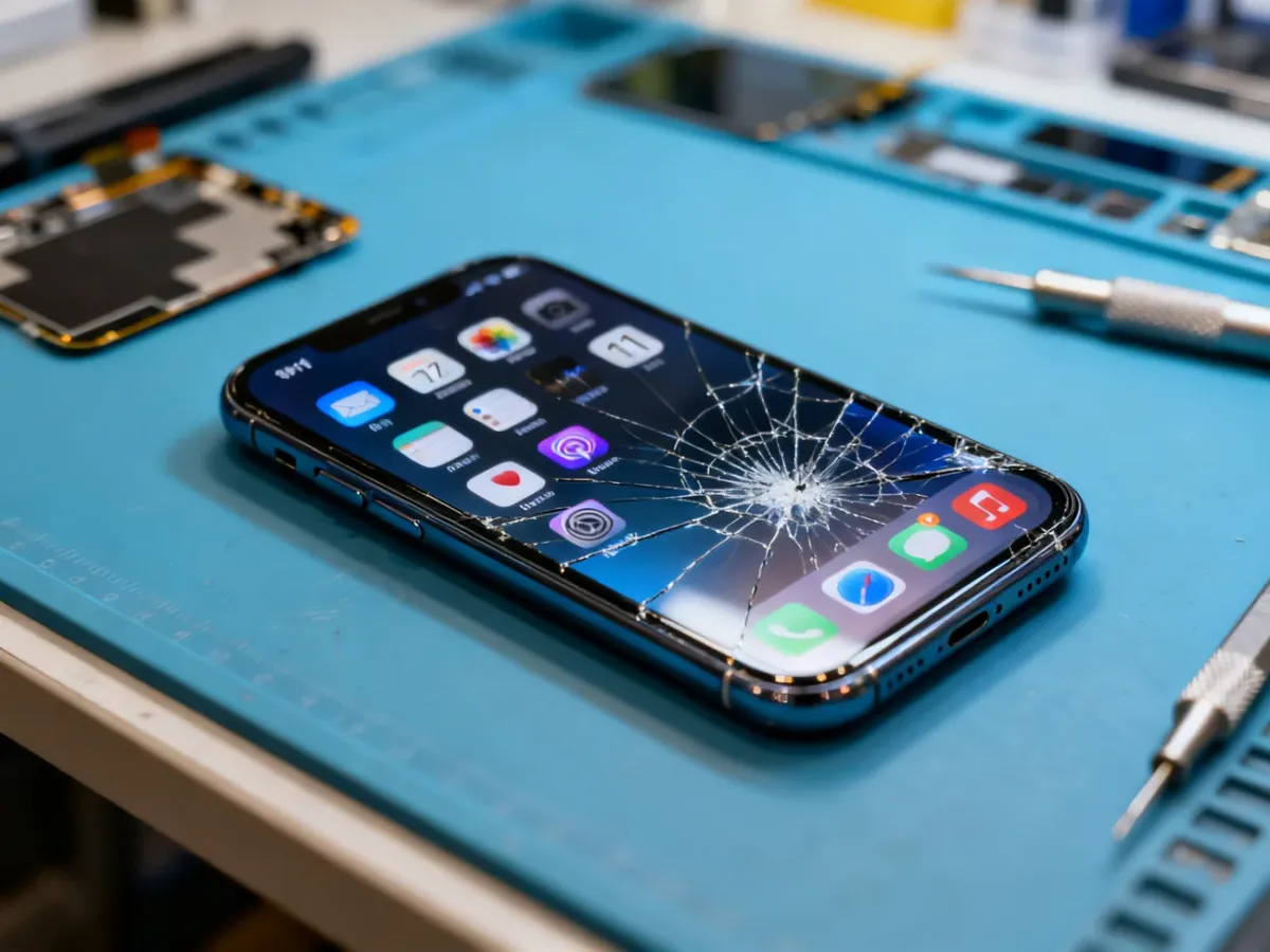 Pęknięty ekran iPhone’a 11 na stanowisku serwisowym