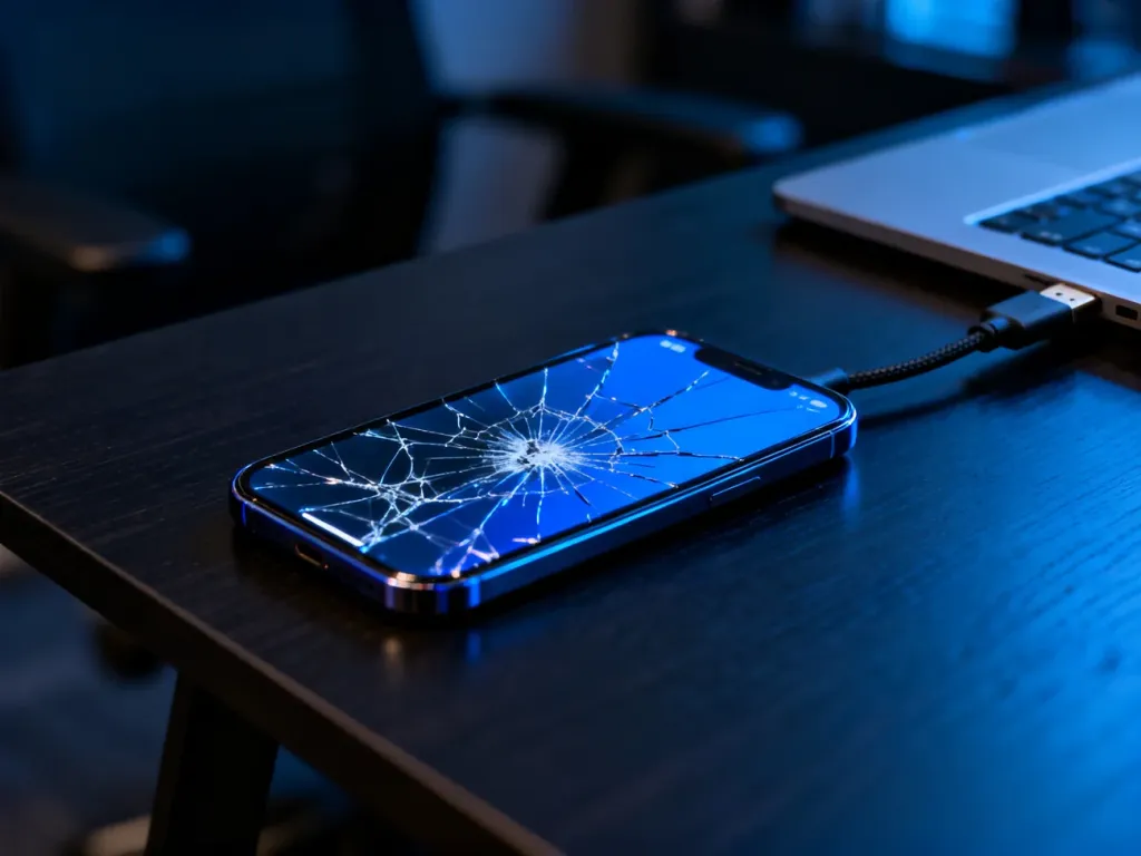 Uszkodzony iPhone podłączony kablem USB do laptopa w celu odzyskania danych.