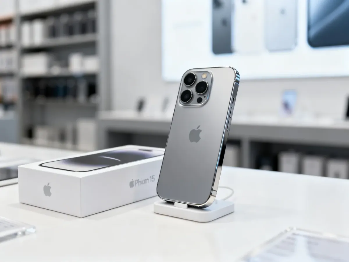 iPhone 15 Pro prezentowany w eleganckim sklepie z elektroniką