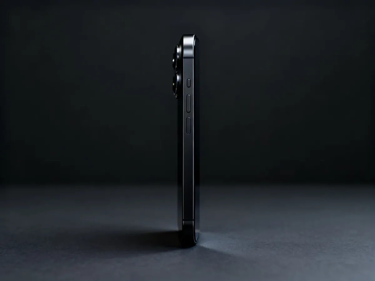 Czarny iPhone 15 ustawiony pionowo na minimalistycznym tle
