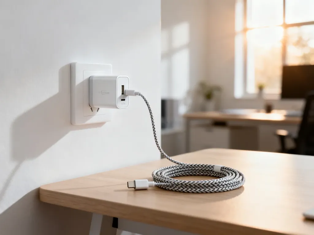 Nowoczesna ładowarka USB-C podłączona do gniazdka oraz zwinięty kabel na drewnianym biurku w jasnym biurze.