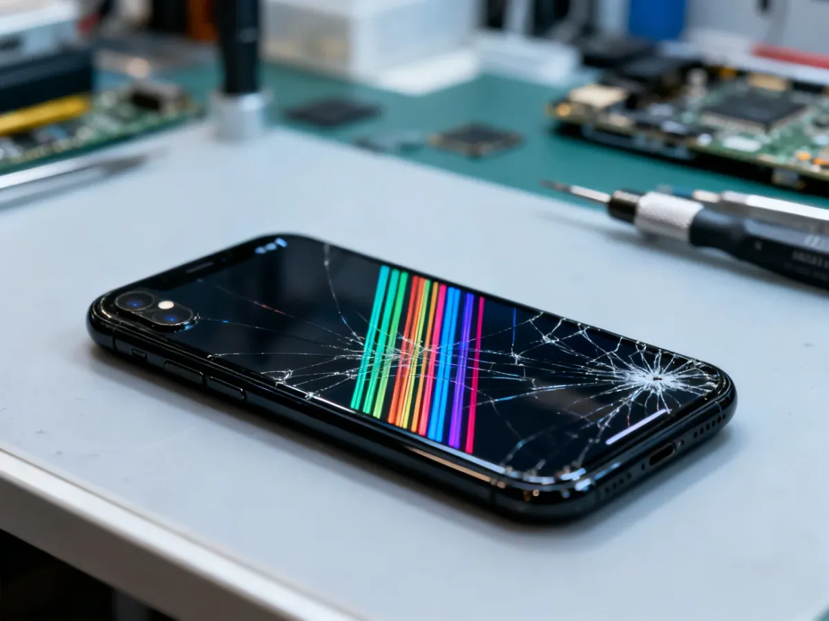 Uszkodzony iPhone 11 z pękniętym ekranem i kolorowymi pasami na stanowisku serwisowym