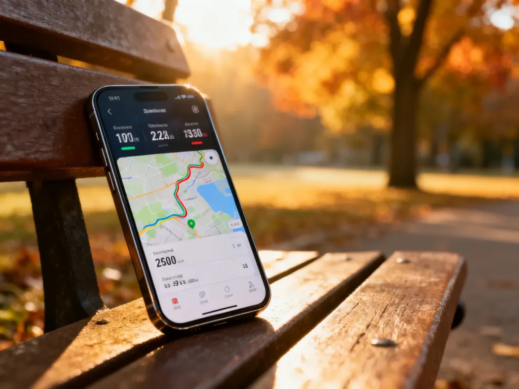 iPhone z otwartą aplikacją do śledzenia biegu, leżący na ławce w parku w jesiennej scenerii.
