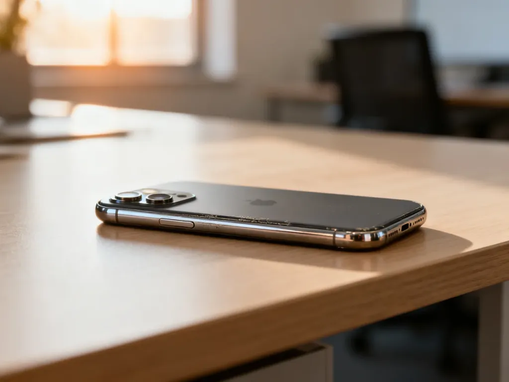 Używany iPhone 12 leżący na drewnianym biurku, ukazujący stan obudowy i modułu aparatu przed zakupem.