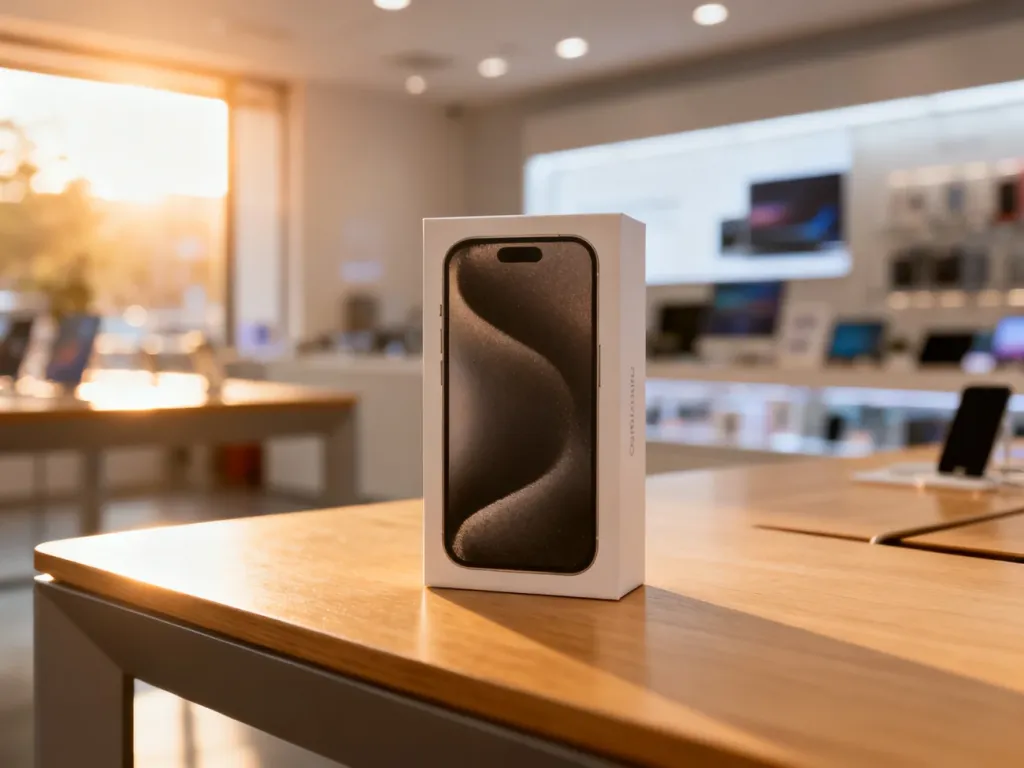 Eleganckie pudełko iPhone 16 Pro na drewnianym biurku w tle rozmytego wnętrza sklepu z elektroniką.