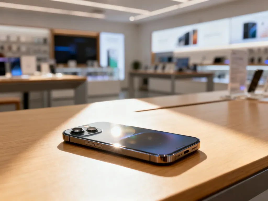 Nowoczesny smartfon z podwójnym aparatem leżący na drewnianym biurku w jasnym, minimalistycznym wnętrzu sklepu.