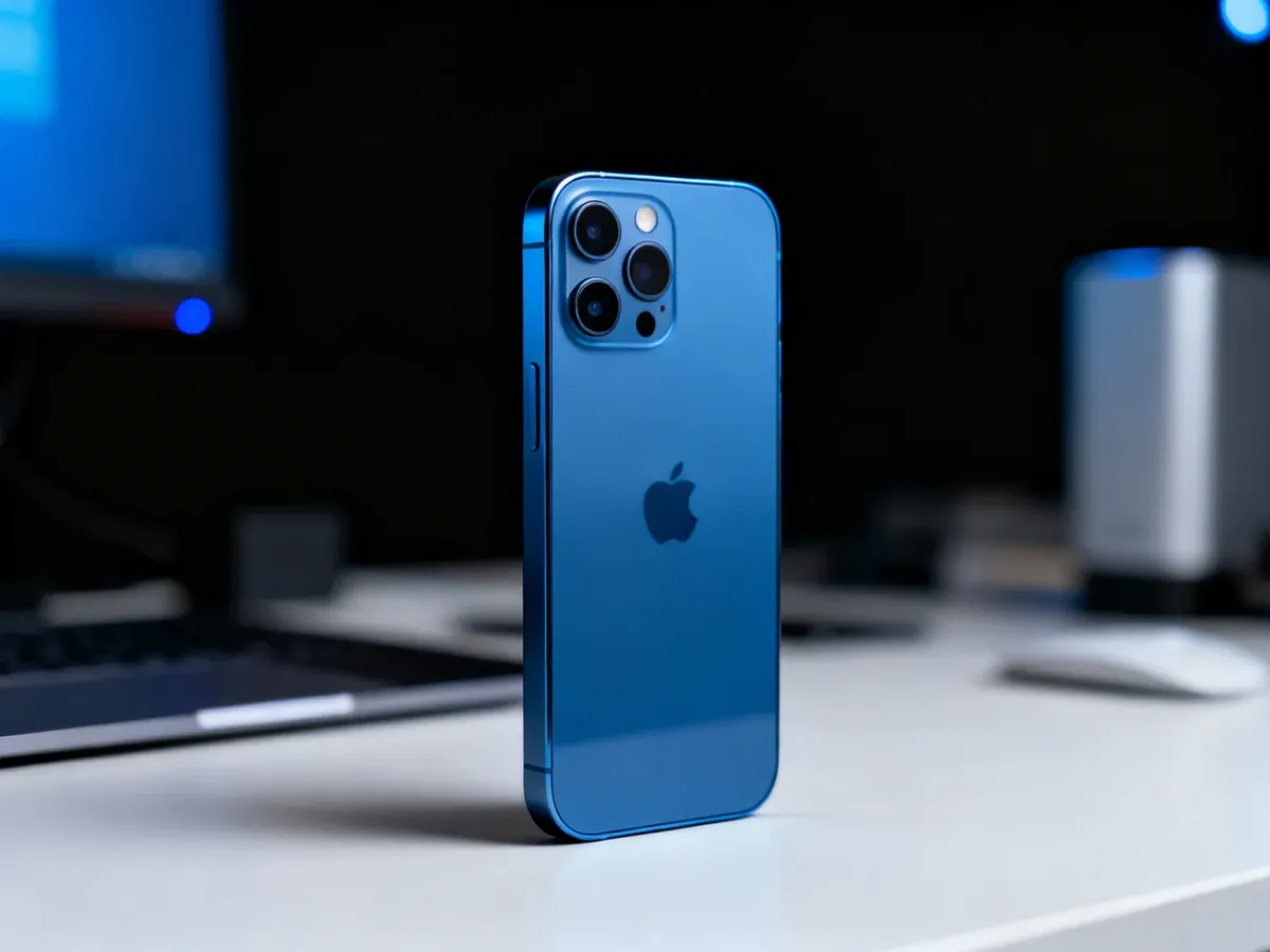 Niebieski iPhone 12 ustawiony na biurku w nowoczesnej aranżacji