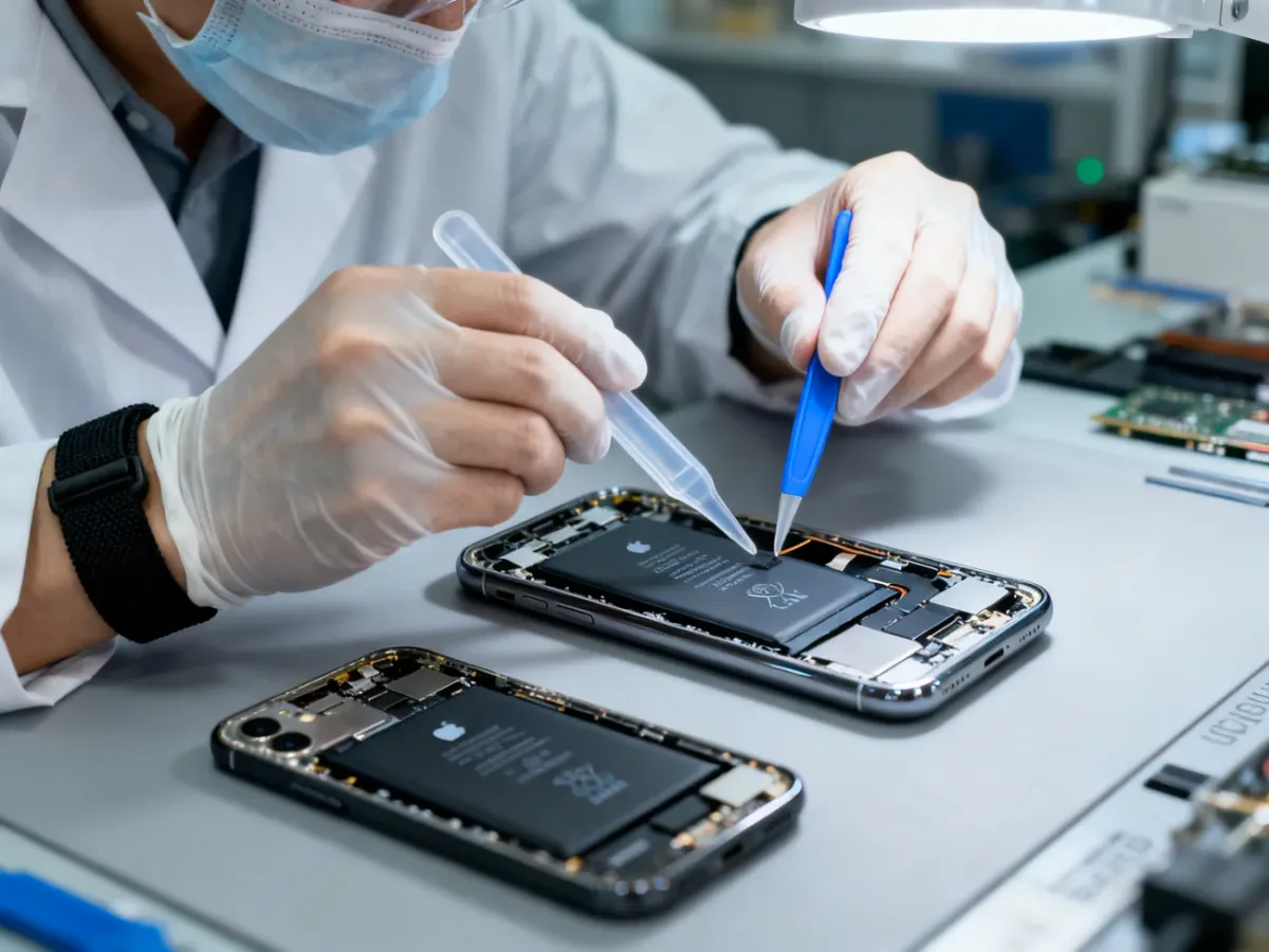 Technik wymieniający baterię iPhone’a na zabezpieczonym stanowisku serwisowym