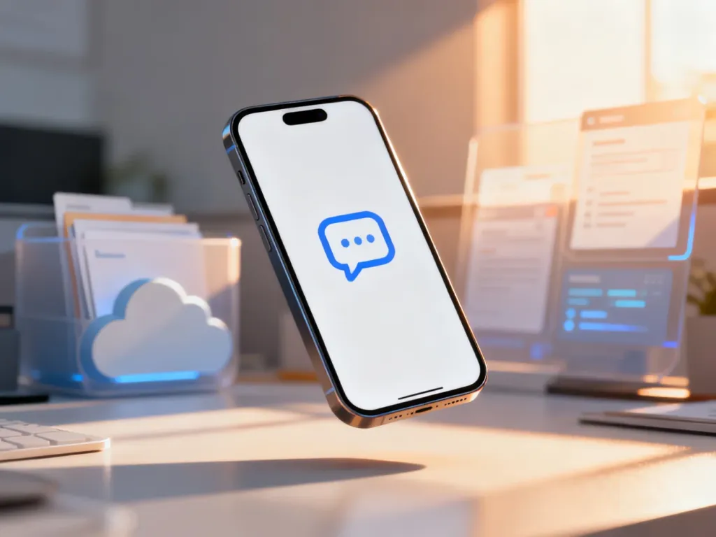 Nowoczesny smartfon z ikoną czatu na tle chmury danych, symbolizujący proces archiwizacji wiadomości SMS.