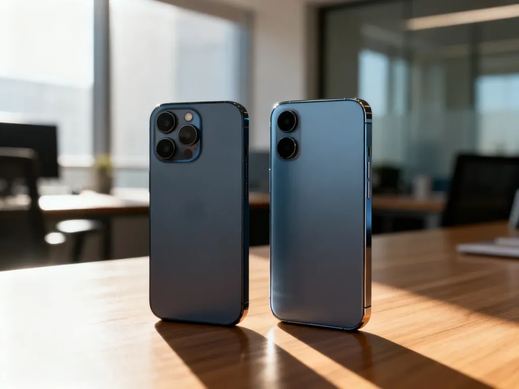 iPhone 11 i iPhone 12 leżące obok siebie na drewnianym biurku, ukazujące różnice w designie obu modeli.