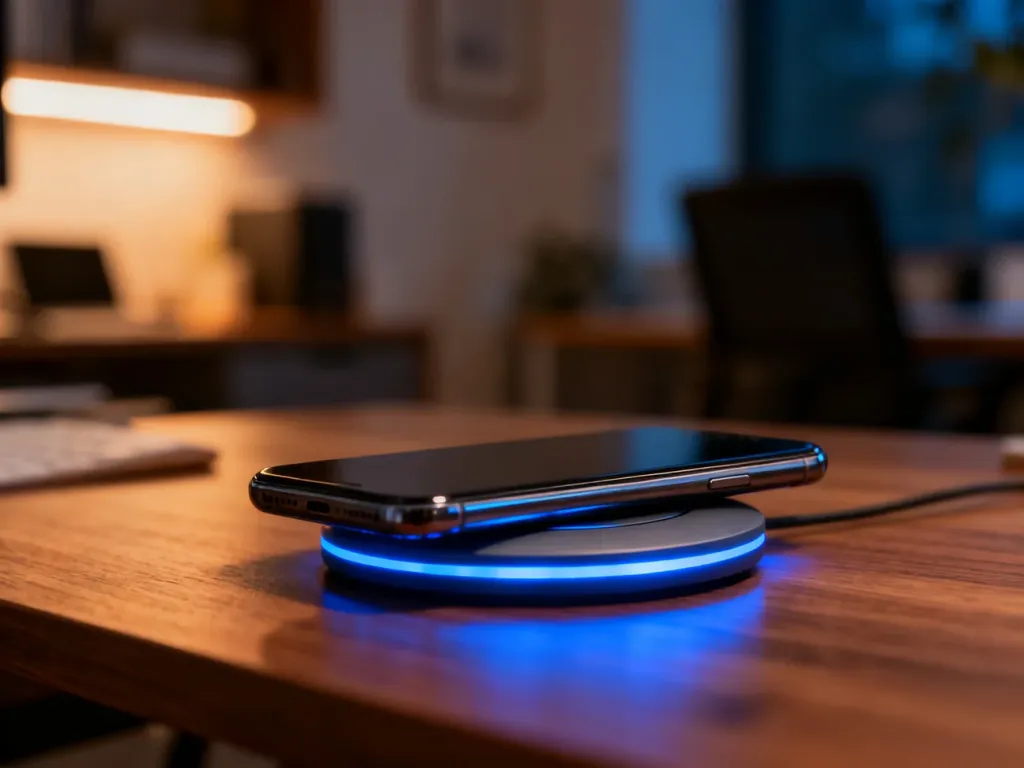 Smartfon leżący na minimalistycznej ładowarce indukcyjnej z włączonym niebieskim podświetleniem sygnalizującym ładowanie.