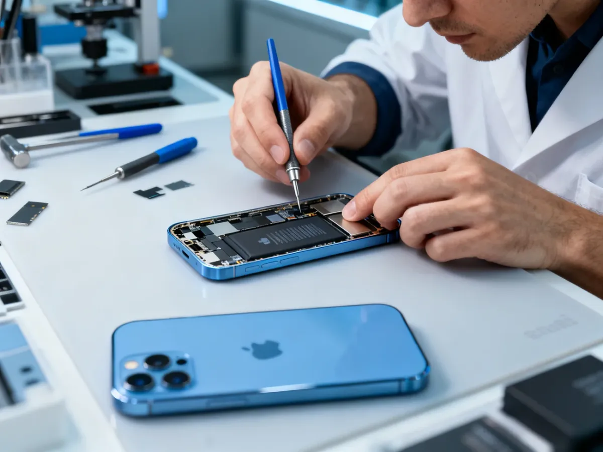 Technik wymieniający baterię w iPhonie 12 na stanowisku serwisowym