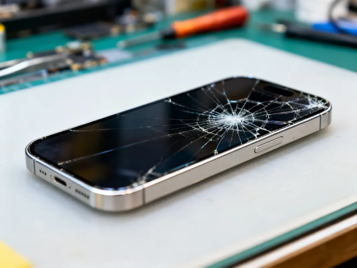 Uszkodzony iPhone 15 z pękniętym ekranem na stanowisku serwisowym