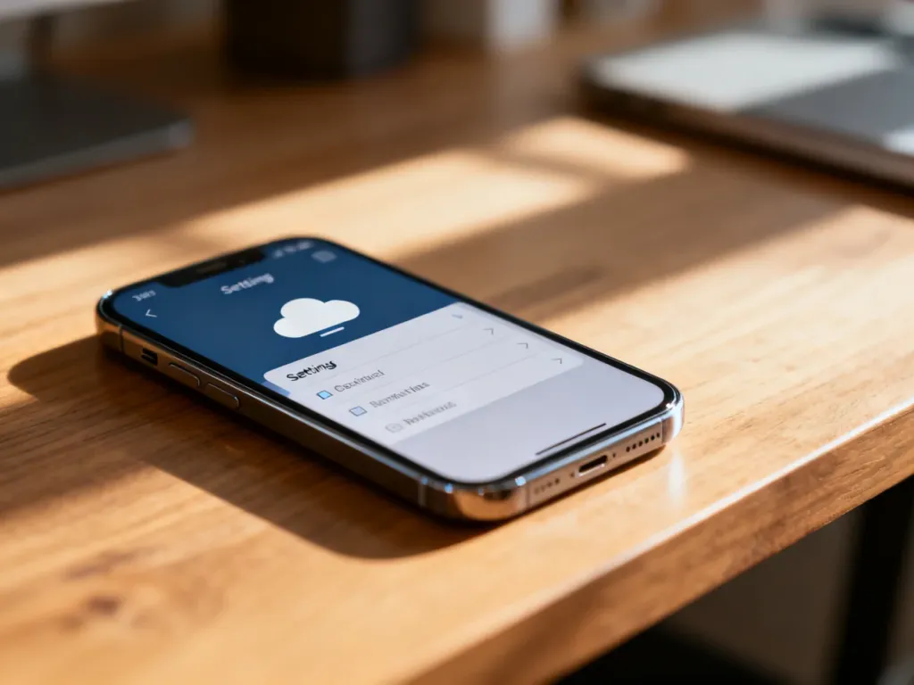 Smartfon z otwartym menu ustawień i ikoną chmury na ekranie, leżący na drewnianym biurku w minimalistycznym biurze.