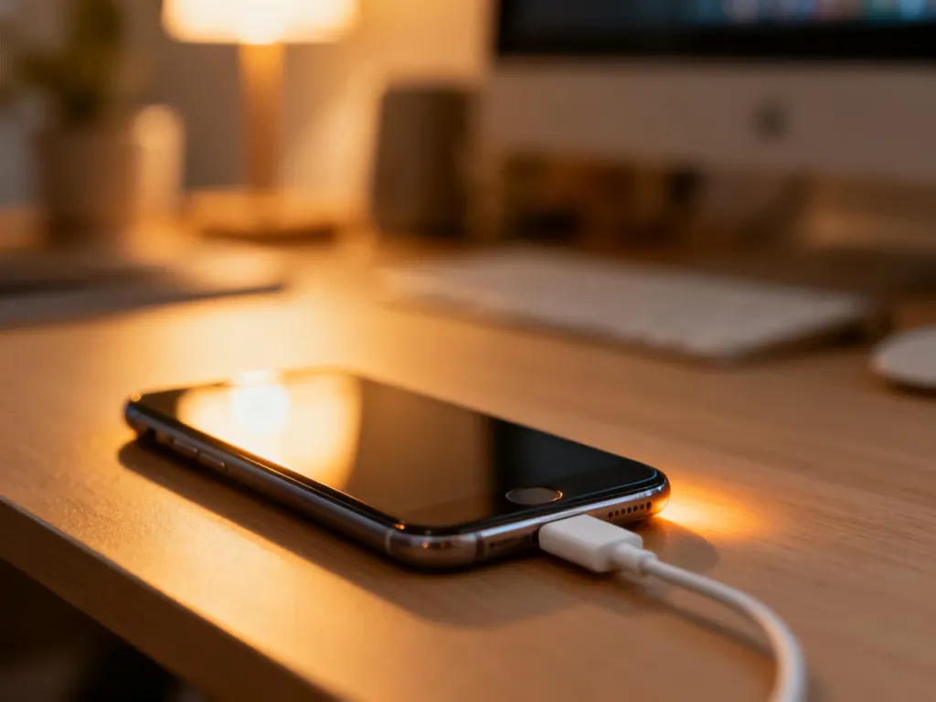 iPhone 12 podłączony do ładowarki na drewnianym biurku w przytulnym domowym biurze.