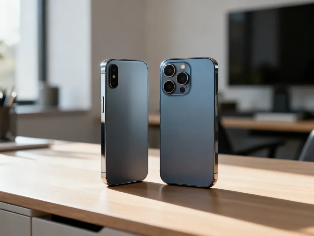 Porównanie iPhone 14 i 14 Pro leżących obok siebie na biurku, podkreślające różnice w designie i układzie aparatów.