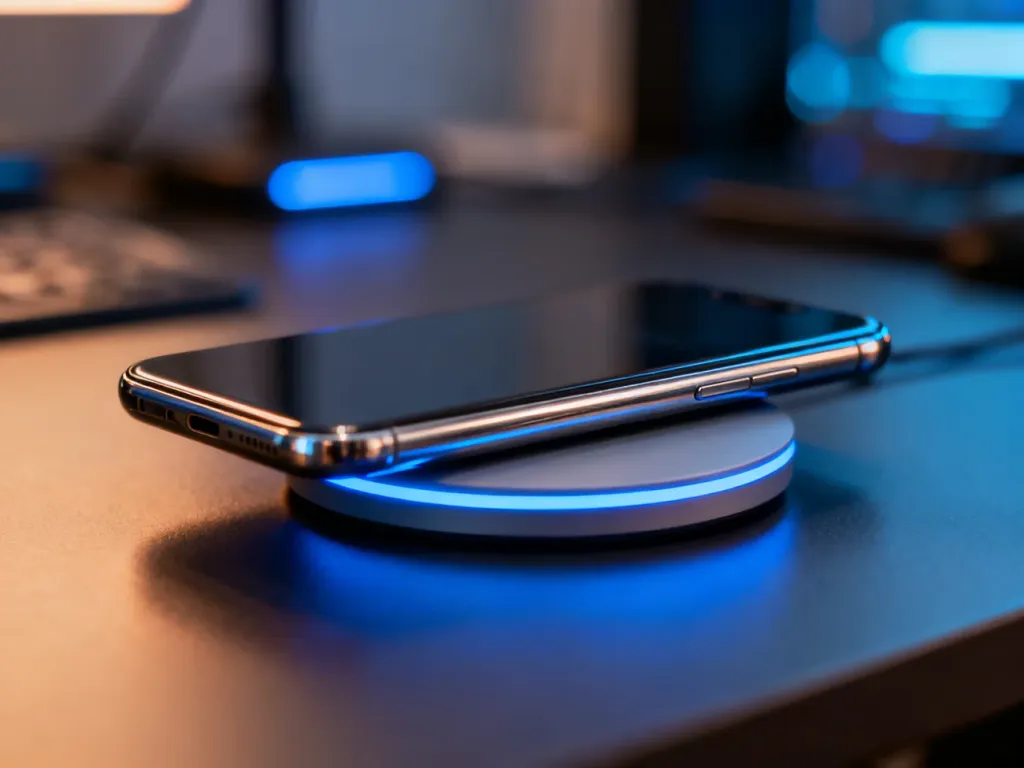 Smartfon leżący na minimalistycznej ładowarce indukcyjnej z niebieskim podświetleniem sygnalizującym proces ładowania.