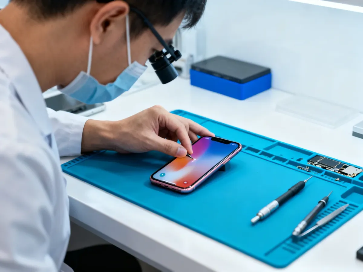 Technician testing a repaired iPhone XR screen and Face ID