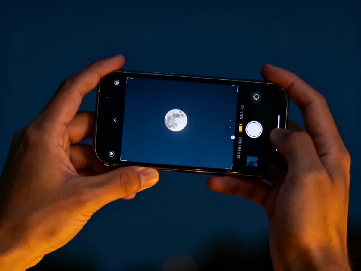 Smartfon z aplikacją aparatu i ręcznym sterowaniem trybem nocnym