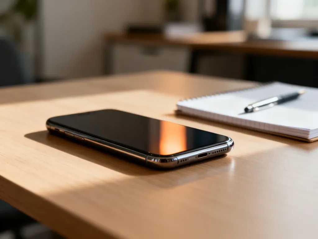 Nowoczesny smartfon z wygaszonym ekranem leżący na drewnianym biurku w domowym biurze.