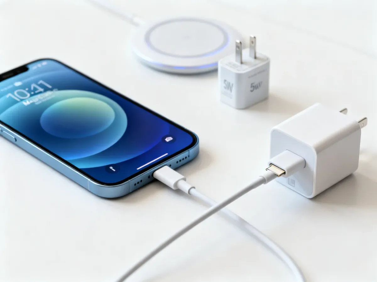 iPhone 12 ładowany przewodowo nowoczesną ładowarką USB-C obok starszej ładowarki 5 W