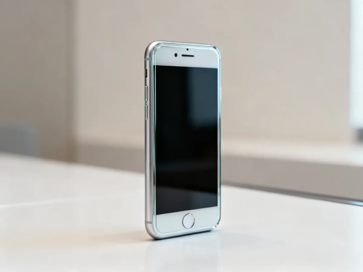 Kompaktowy iPhone 8 w szklanej obudowie na neutralnym tle