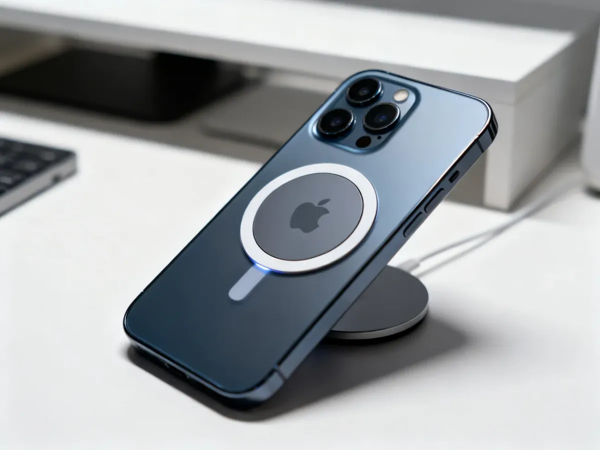 iPhone 12 with a magnetic wireless charger aligned on its back