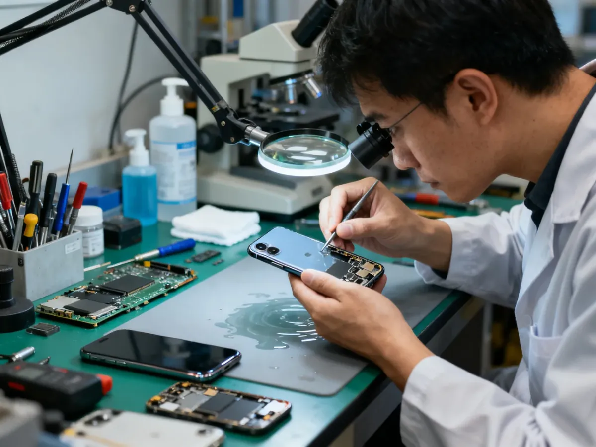 Serwisant diagnozujący zalanego iPhone’a na stanowisku naprawczym