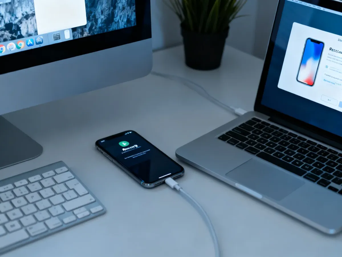 iPhone connected to a computer during system recovery