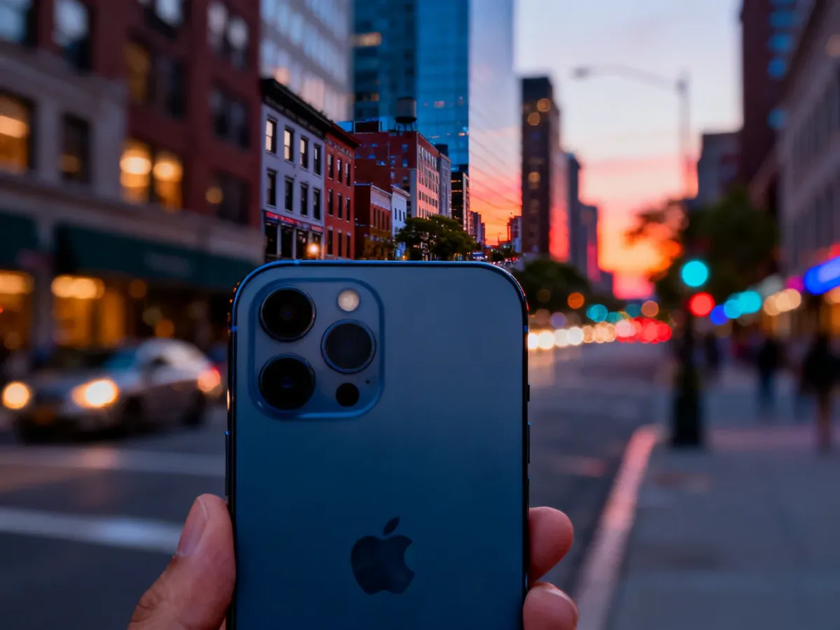 iPhone 12 fotografujący miejską ulicę o zmierzchu
