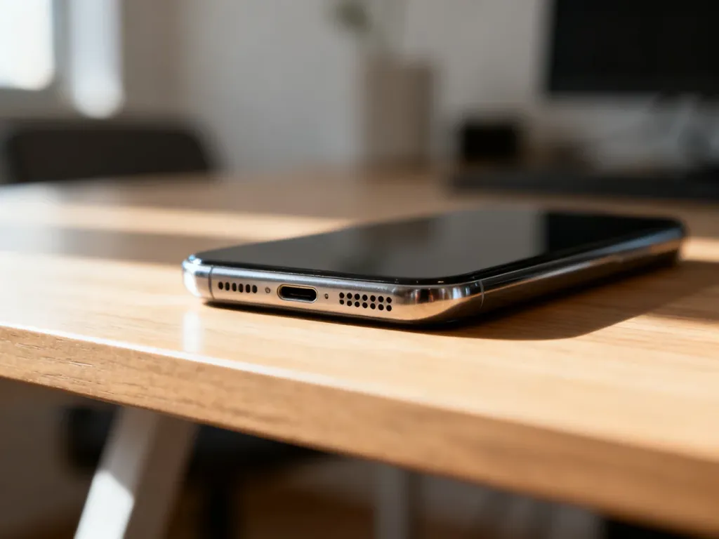 Zbliżenie na dolną część iPhone'a z widocznymi głośnikami i portem ładowania na drewnianym biurku.