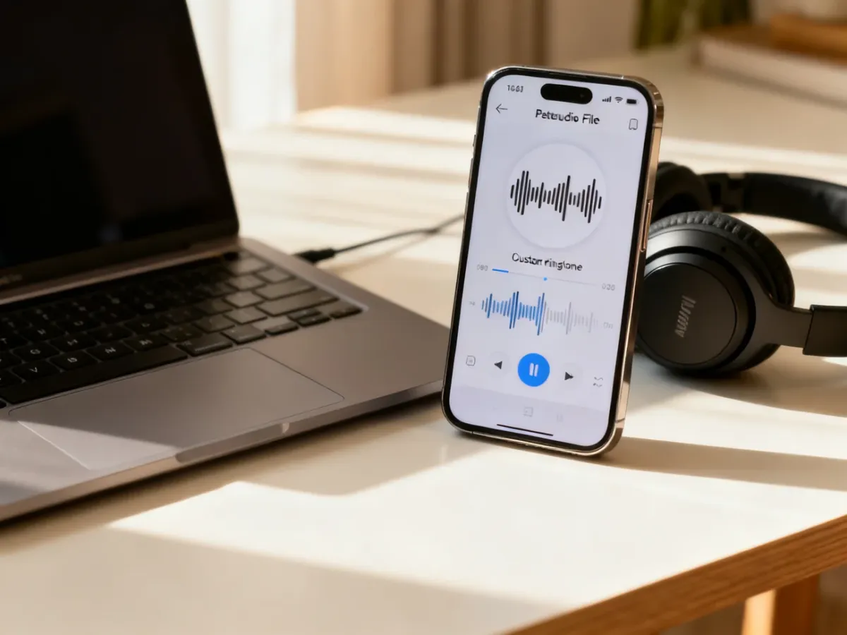 Smartfon, słuchawki i plik audio przygotowywany na własny dzwonek