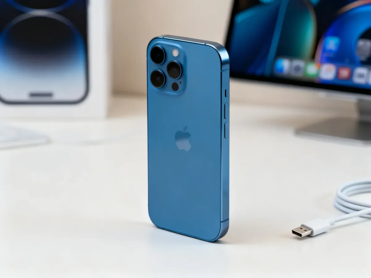 iPhone 15 stojący na minimalistycznym tle z akcesoriami