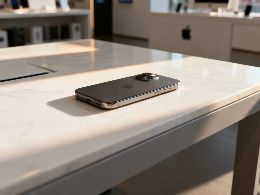 Nowoczesny smartfon leżący na marmurowym biurku w tle wnętrza sklepu Apple, prezentujący estetykę urządzenia.