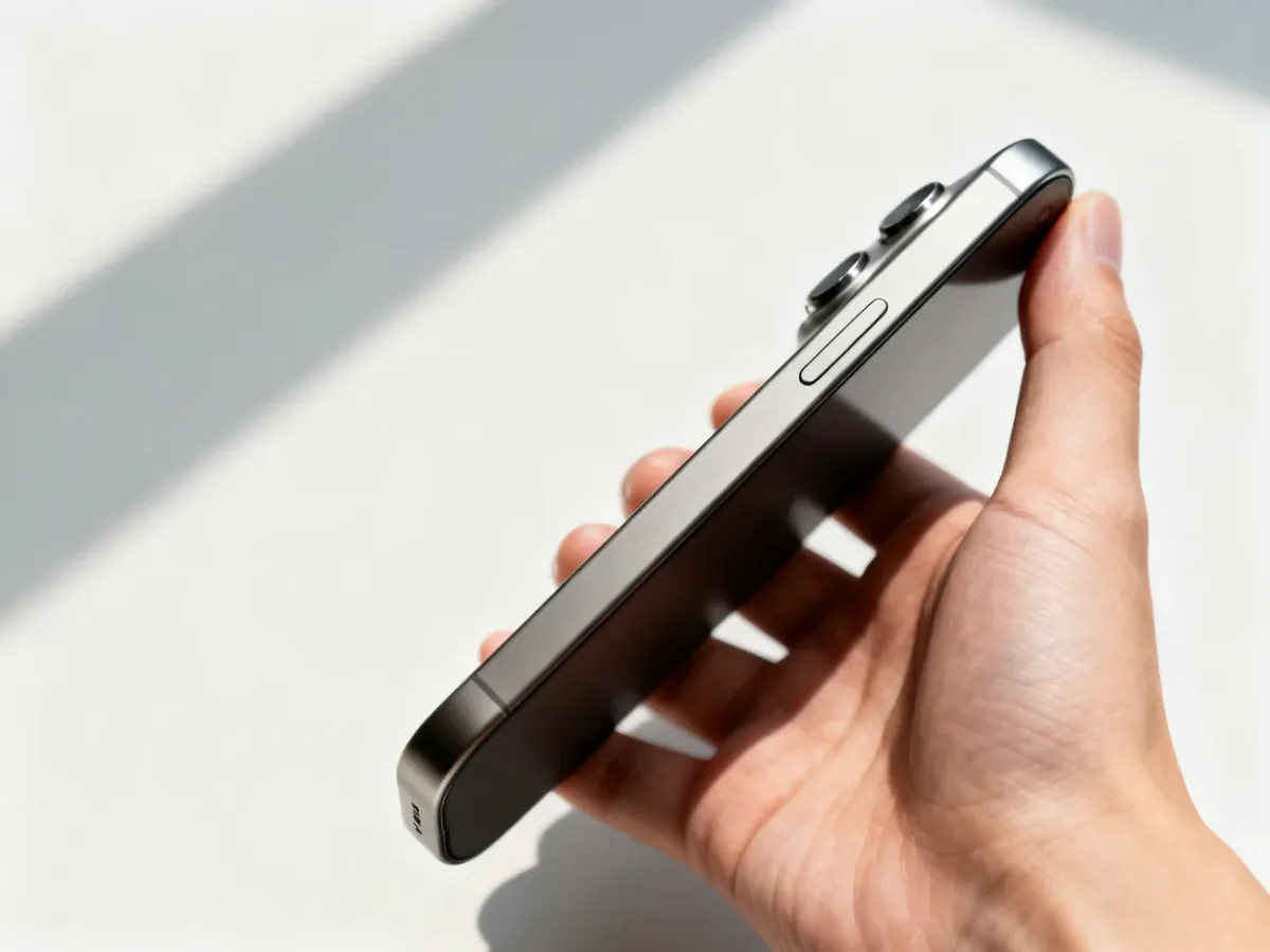 iPhone 15 Pro z matową tytanową obudową trzymany w dłoni