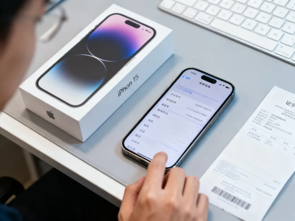 Sprawdzanie iPhone’a 15, pudełka oraz dowodu zakupu po odebraniu przesyłki