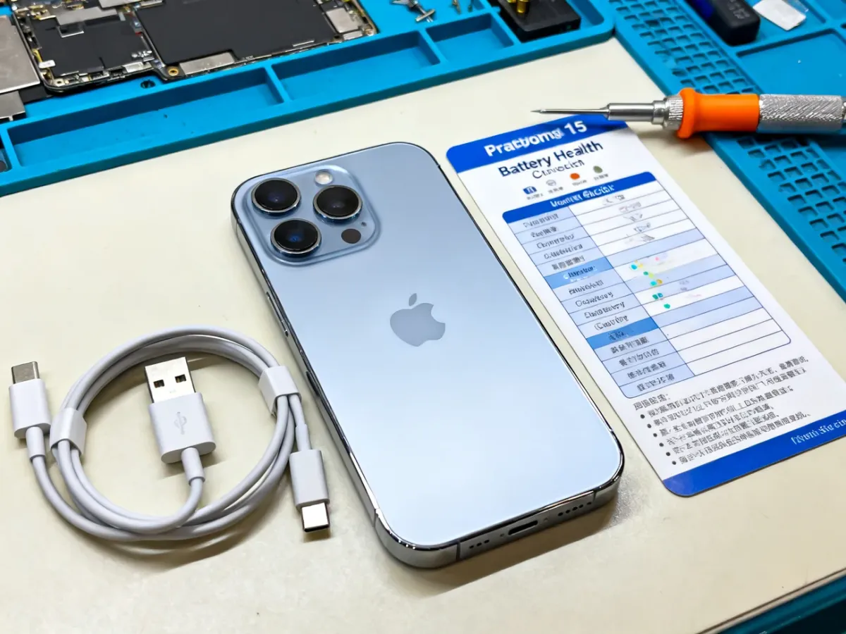 Sprawdzony odnowiony iPhone 15 Pro z kablem USB-C na stanowisku kontroli
