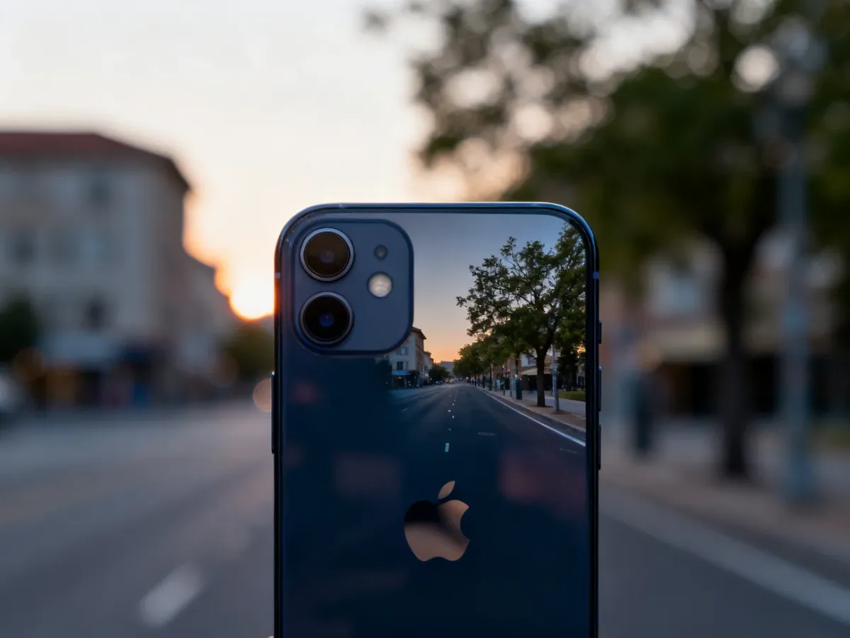 Apple iPhone 12 photographing an urban scene with its dual cameras